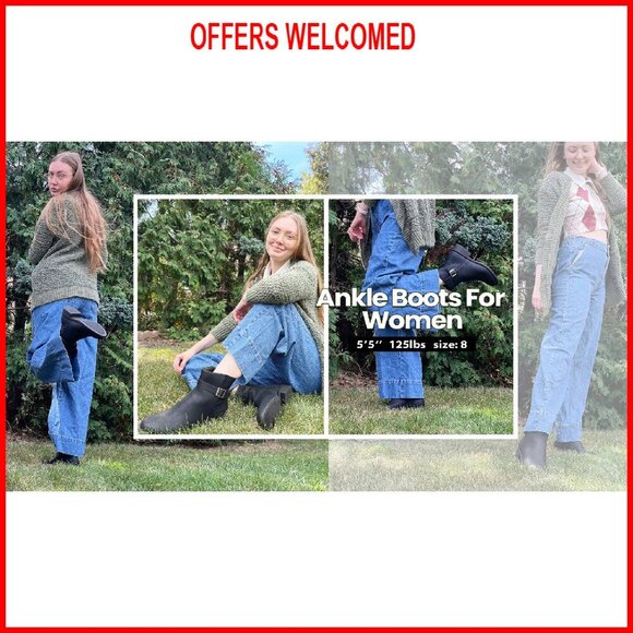 Women's Chunky Low Heel Ankle Boots Round Toe Buckle Leather Booties - Picture 8 of 8